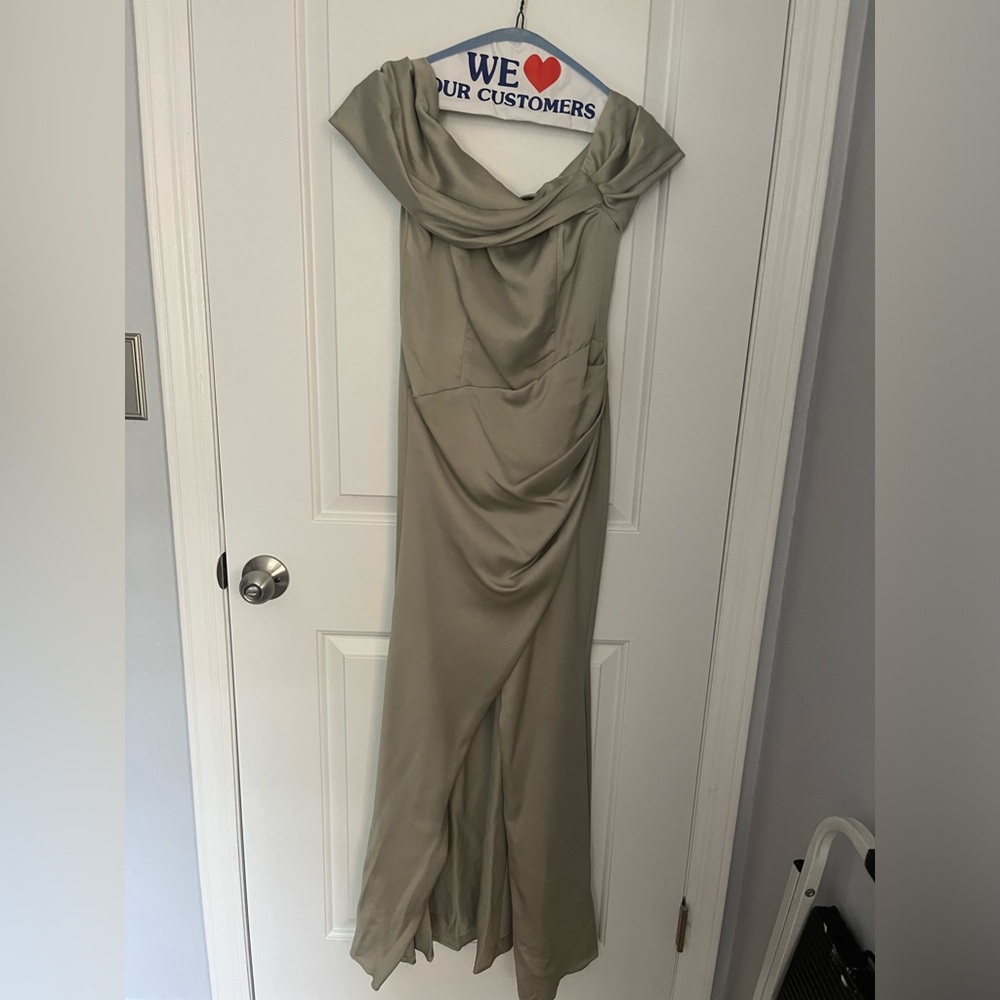 Sage green evening gown with front slit low neckline